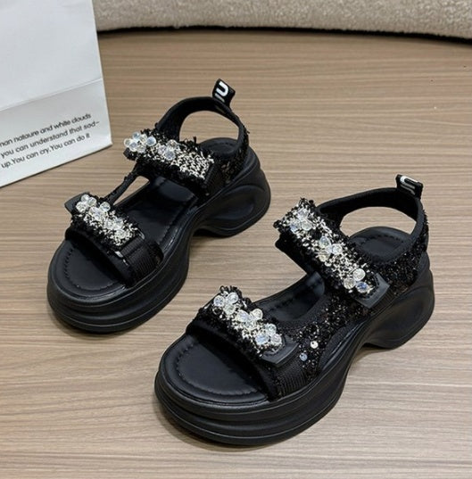 Platform Thick Sole Sandals Women 2026 Summer Foreign Trade Velcro Sporty Student Roman Women Champagne Sandals
