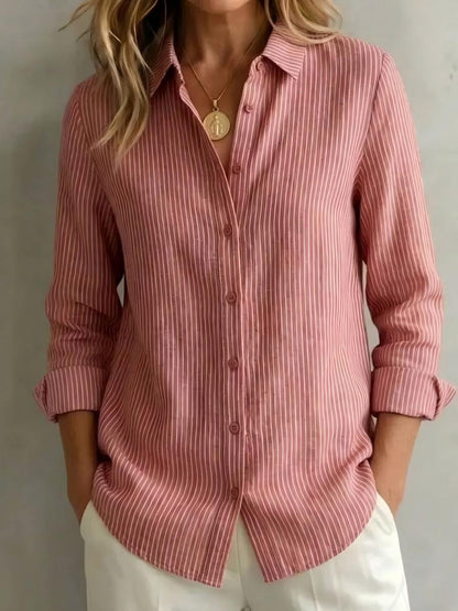 Womens Long-sleeved Linen Shirt With Blue And White Vertical Stripes