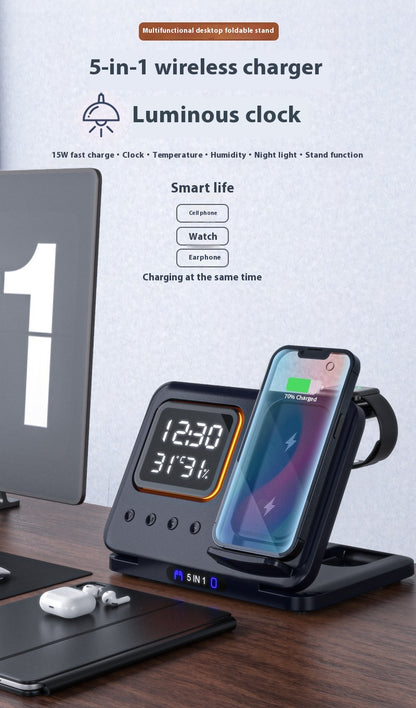 15W Wireless Chargers Stand 5 In1 LED Digital Alarm Clock Fast Charging Dock Station