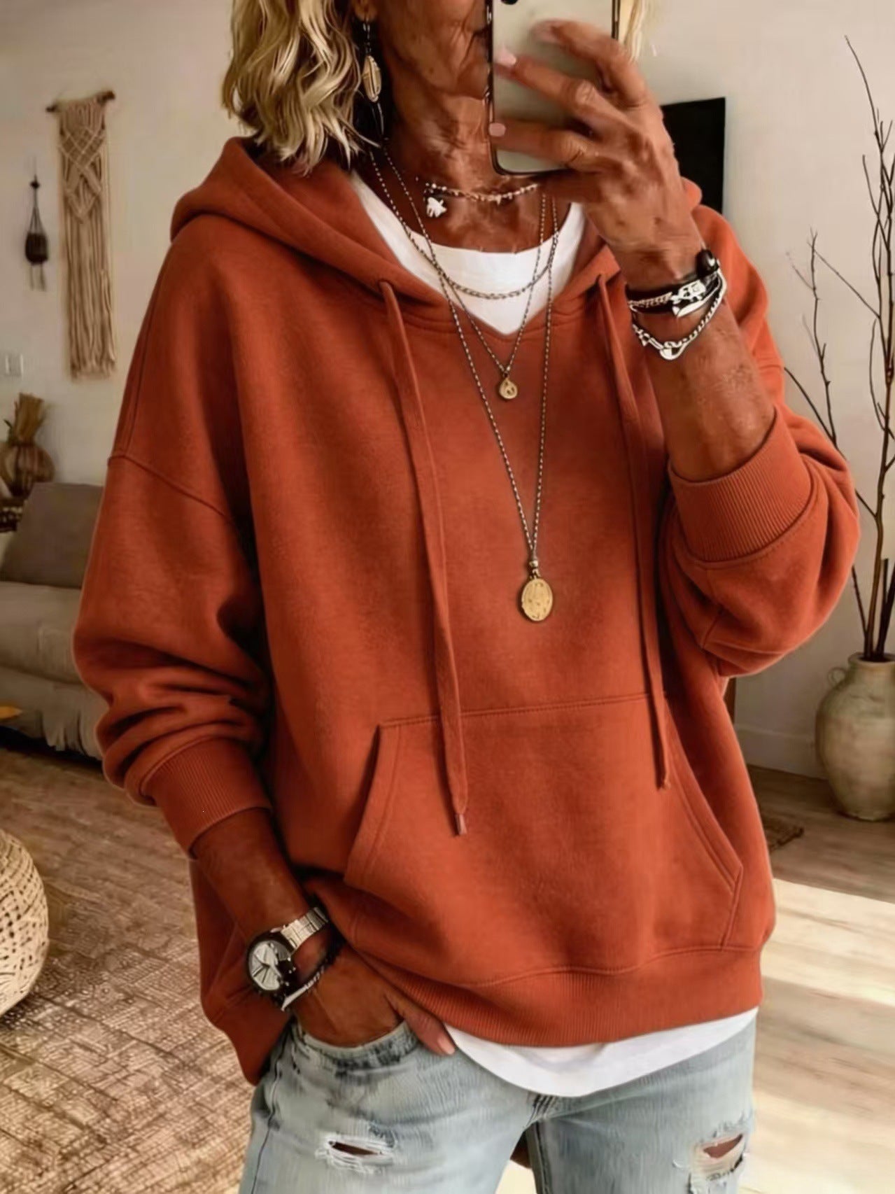 Women Casual Solid Pullover Hoodie Long Sleeve Drop Shoulder Sweatshirt With Drawstring & Kangaroo Pocket Loose Fit Tops