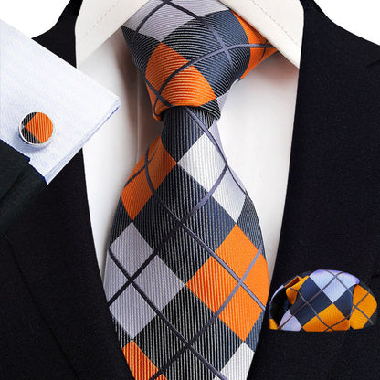 Mens Plaid Formal Tie Pocket Square And Cufflinks Three-Piece Set