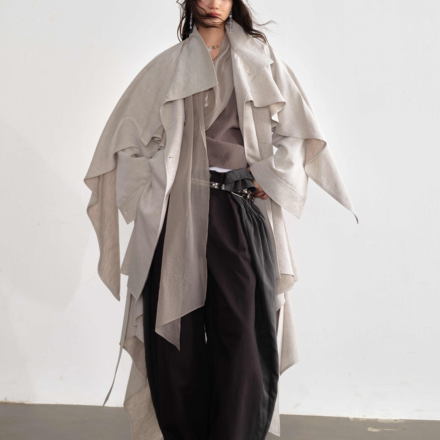Gypsum White Linen Blended Irregular Skirt Trench Coat