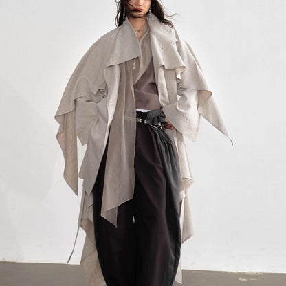 Gypsum White Linen Blended Irregular Skirt Trench Coat