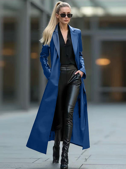 Solid Color Loose Fit Long Leather Coat For Women