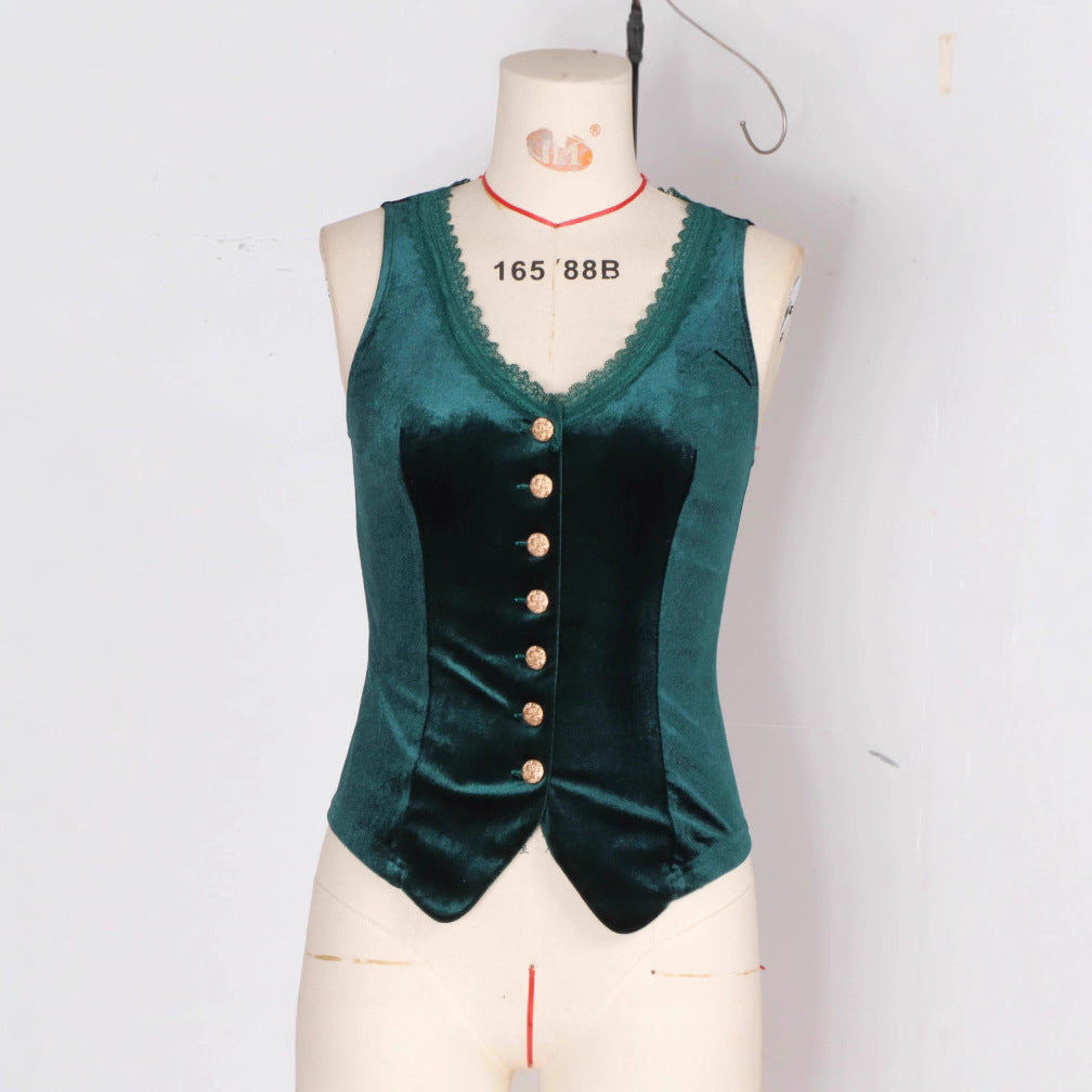 Fashionable Button-front Slim-fit V-neck Sexy Vest Lace Cardigan Petite Waistcoat
