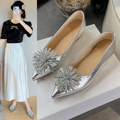 Women's 6cm Invisible Height Increase Mary Jane Flats, French Elegant Pointed Toe Low Cut Slip On Shoes, Rhinestone Floral Decor Dress Shoes For Matching Dresses