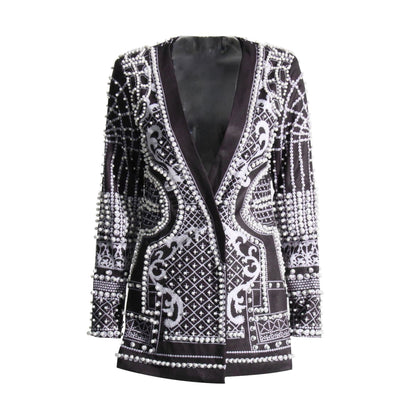 Pearl-bead Printed Petite Blazer For Women