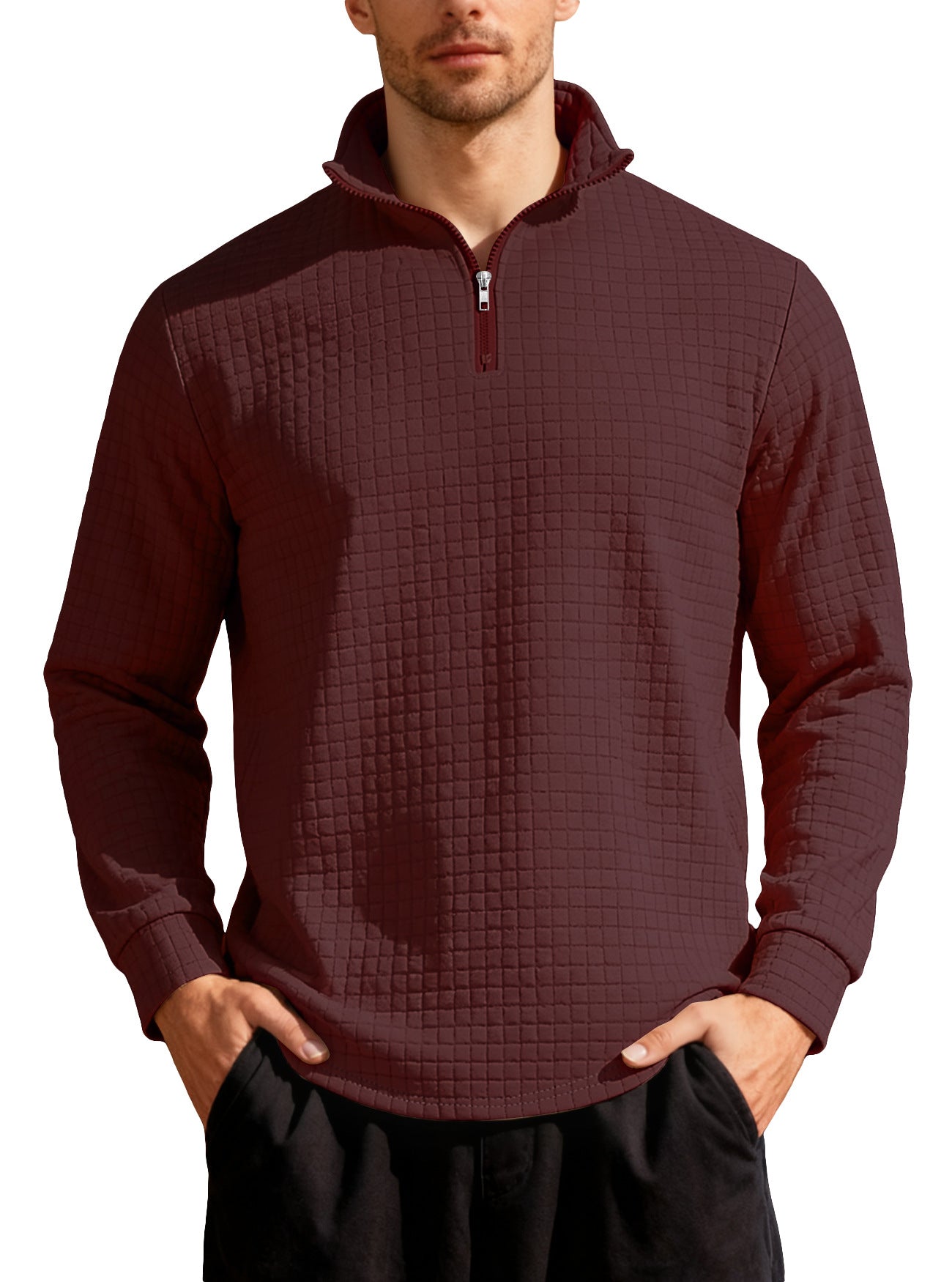 Business-casual Mens Loose-fit Jacquard Crew-neck Half-zip Hoodie With Small Square Patterns