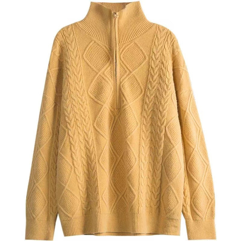 Womens Turtleneck Half-Zip Diamond-Pattern Pullover Sweater