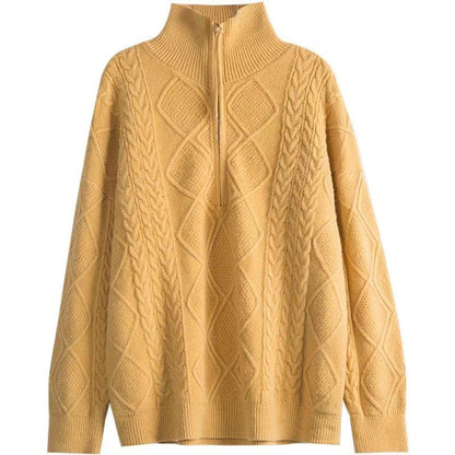 Womens Turtleneck Half-Zip Diamond-Pattern Pullover Sweater