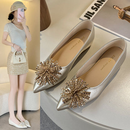 Women's 6cm Invisible Height Increase Mary Jane Flats, French Elegant Pointed Toe Low Cut Slip On Shoes, Rhinestone Floral Decor Dress Shoes For Matching Dresses