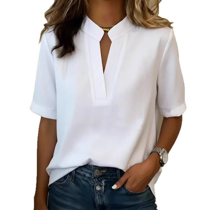 Amazon European And American Cross-Border New Women's Tops 2026 Summer Casual Solid Color V-Neck Loose Shirt T-Shirt For Women