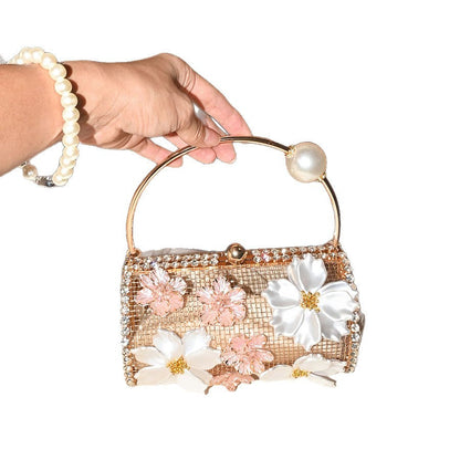 French-style Metal Flower Clutch With Diamonds And Pearls