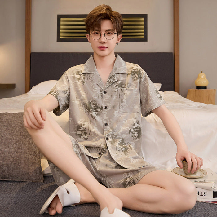Mens Summer Cardigan Ice-silk Short-sleeve Top And Shorts