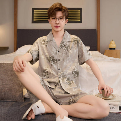 Mens Summer Cardigan Ice-silk Short-sleeve Top And Shorts