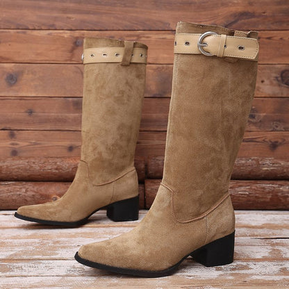 French Retro Thick Heeled Boots With Belt Buckle, Fashionable And Versatile Fashion Boots