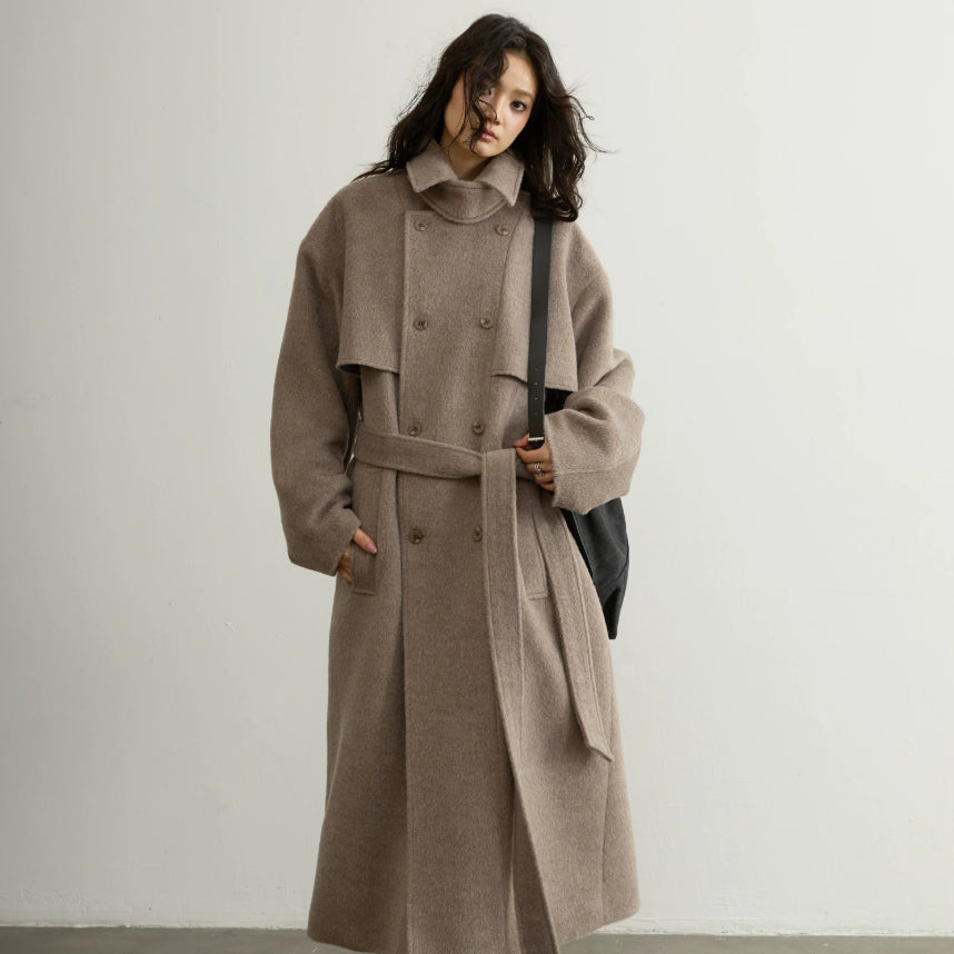Retro-chic Soft Oat-beige Belted Wool Coat In A Long Silhouette