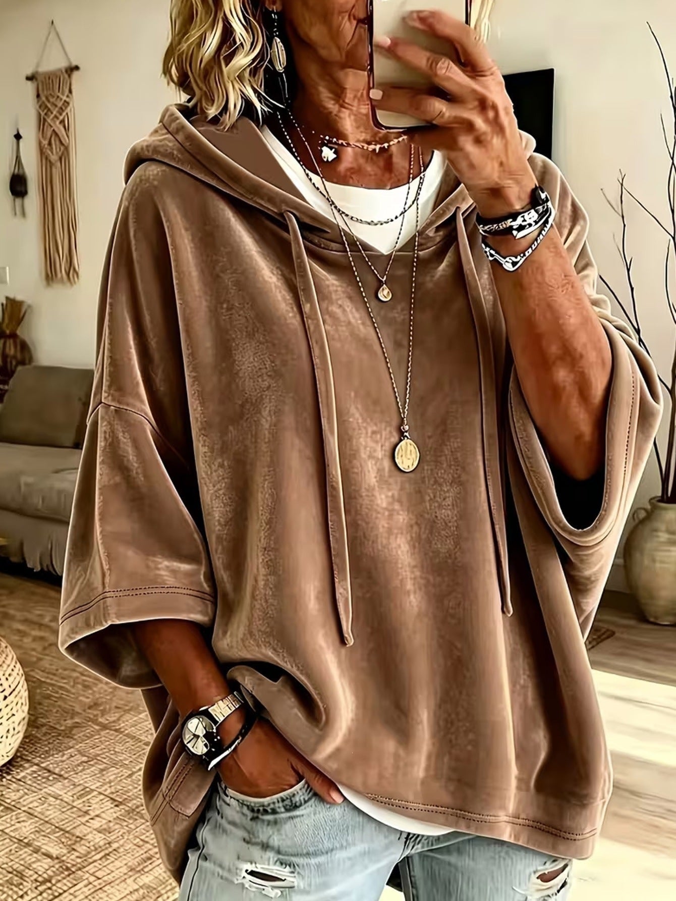 Women Velvet Batwing Short Sleeve Hoodie, Drawstring Loose Casual Solid Color Pullover Tops