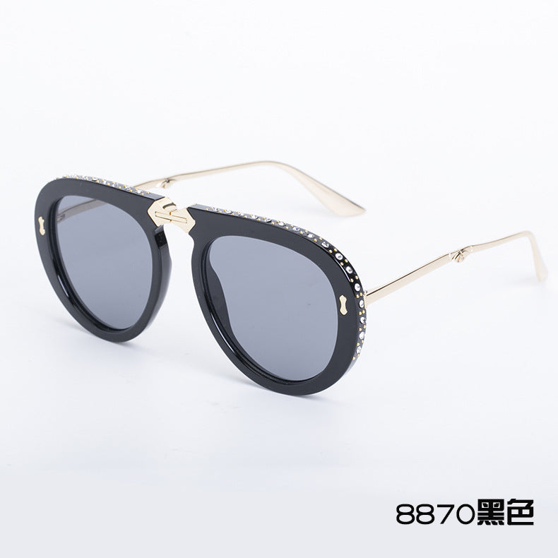 Diamond-Encrusted Foldable Sun Protection Sunglasses For Women, Fashionable Glasses, Internet Celebrity Style Sunglasses, Plain Aviator Glasses, Sunglasses