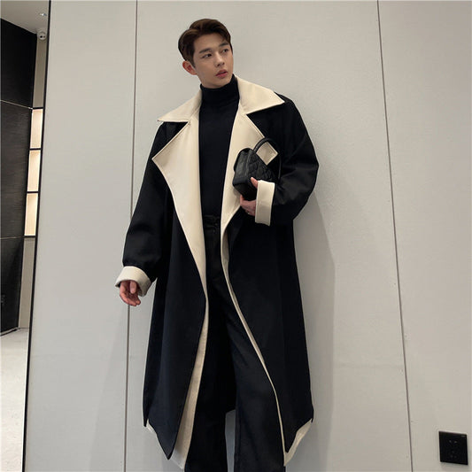 Fashionable Contrast Color Large Lapel Mix And Match Bandage Dress Fake Two-piece Suit Coat