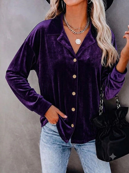 Casual Chic Button-up Velvet Long-sleeve Shirt