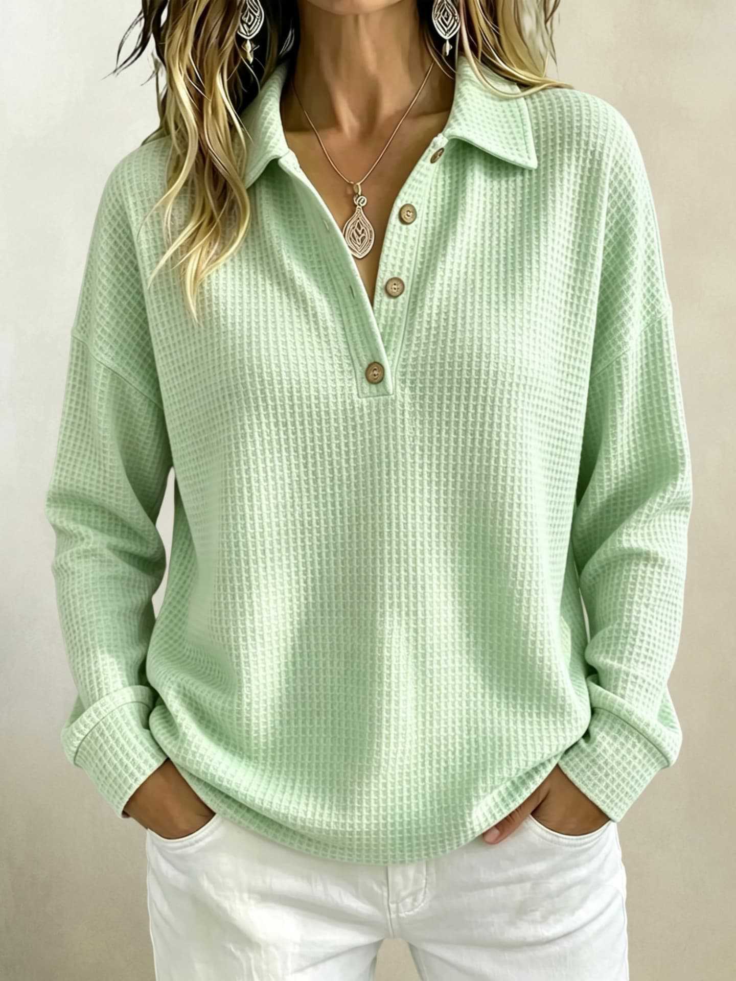Womens Loose-fitting Long-sleeve Top With A Button-down Collar