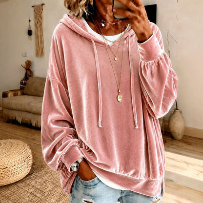 Women Casual Velvet Hooded Sweatshirt Long Sleeve Drawstring Loose Pullover Hoodie With Side Pockets Fall Winter Tops