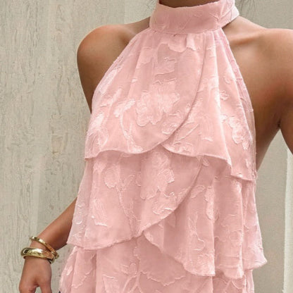 Elegant Solid-color Halter Top With Ruffled Trim For Women