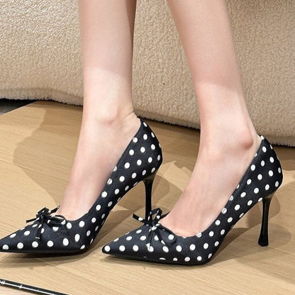 Fairy Style Pointed Toe Polka Dot Gentle Pumps For Women, French Style Soft Sole Stiletto High Heels Perfect With Dresses