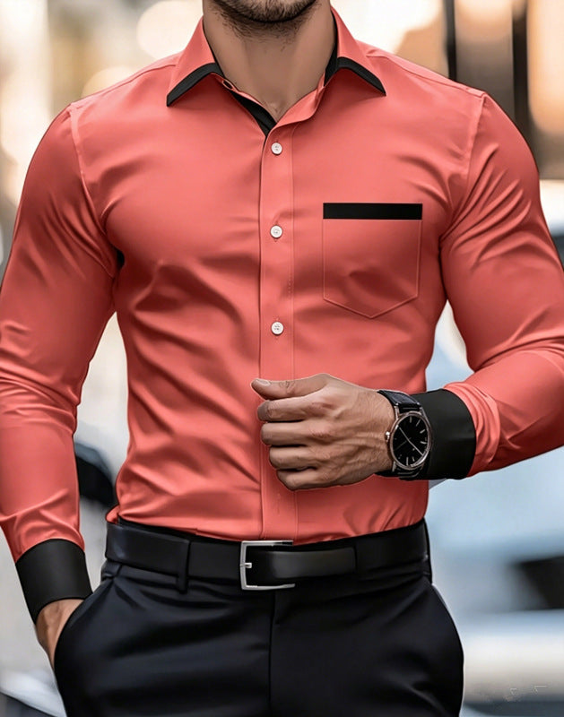Mens Business-Casual Wrinkle-Free Contrast-Color Shirt