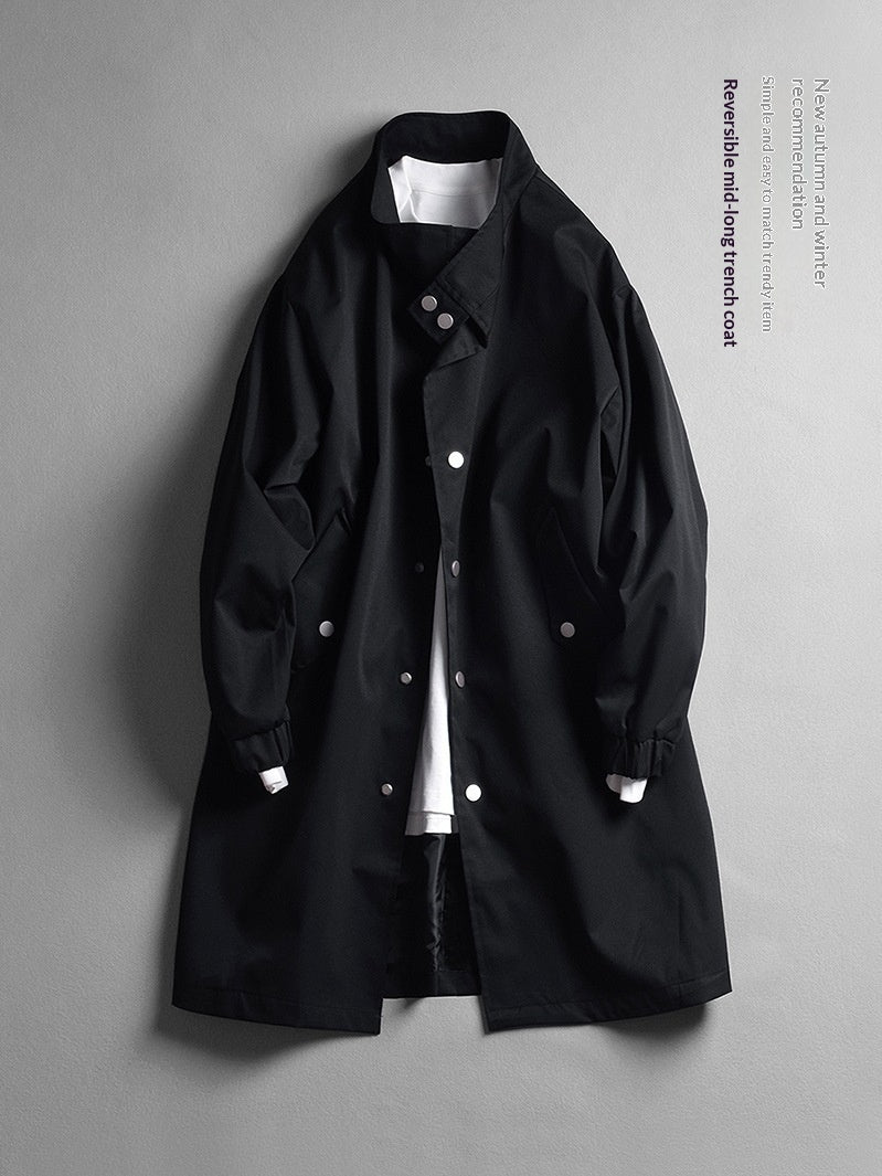 Mens Stand-Neck Single-Breasted Trench Coat Loose-Fit Casual Lapel Jacket