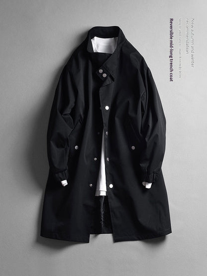 Mens Stand-Neck Single-Breasted Trench Coat Loose-Fit Casual Lapel Jacket