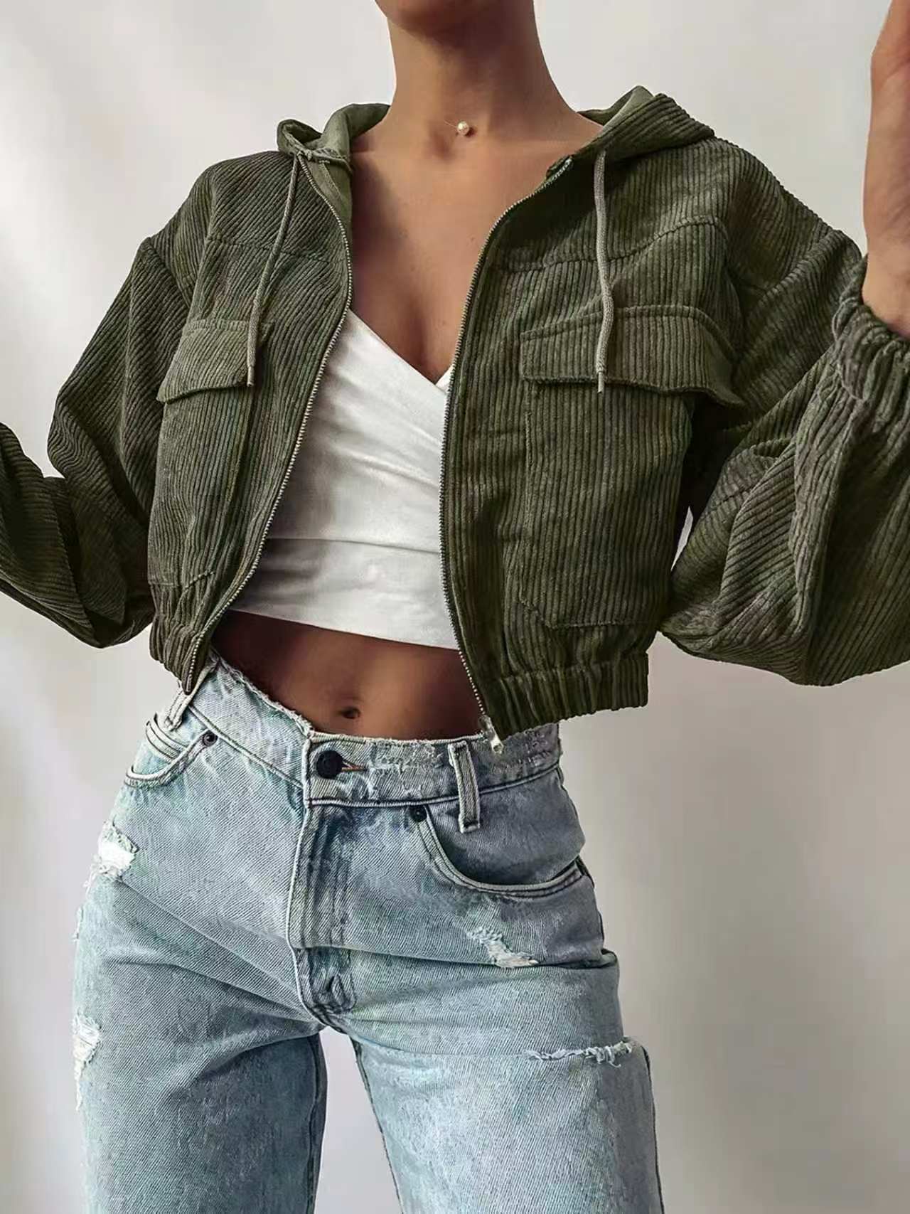 Womens Hooded Drawstring Short Jacket With Long Sleeves