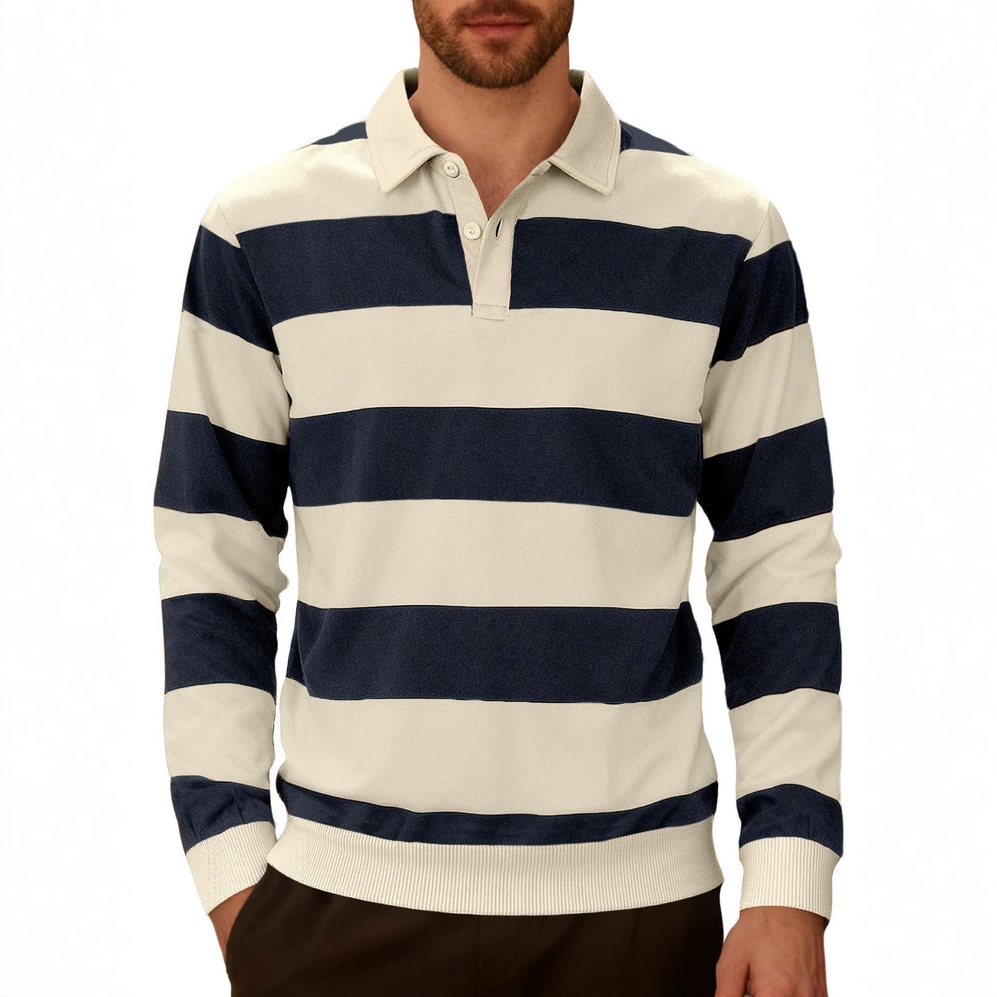 Men's Striped Color-Blocked Button Long-Sleeve Knit Shirt, Casual Sporty Trendy Business Polo Shirt