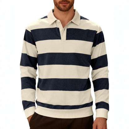 Men's Striped Color-Blocked Button Long-Sleeve Knit Shirt, Casual Sporty Trendy Business Polo Shirt