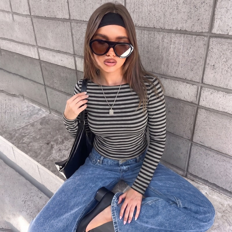 Stylish Crew-neck Long-sleeve Striped Slim-fit Top