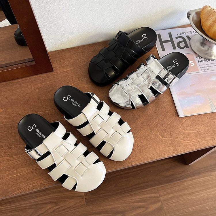French-style Open-toed Slippers For Women, Summer Outdoor Wear, One-piece Open-toe Roman Sandals, Versatile Casual Mules, Flat Casual Sandals