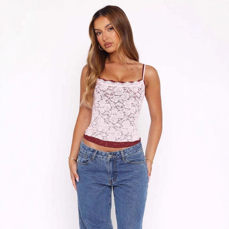 Womens Two-Color Lace Jacquard Camisole Sexy Chic Top