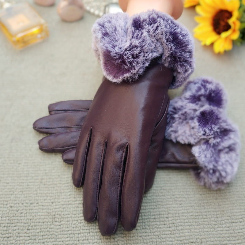 Womens Winter Fashionable Leather Touchscreen Gloves With A Wide U-Shape Cuff