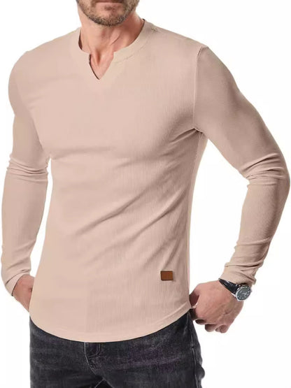 Cross-border Amazon New Foreign Trade Autumn And Winter Men's V-neck Pit T-shirt Solid Color Casual Fashion Men's Long Sleeve