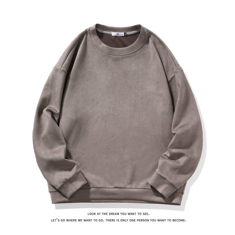 Mens Simple Suede-Brushed Pullover Crewneck Long-Sleeve Sweatshirt