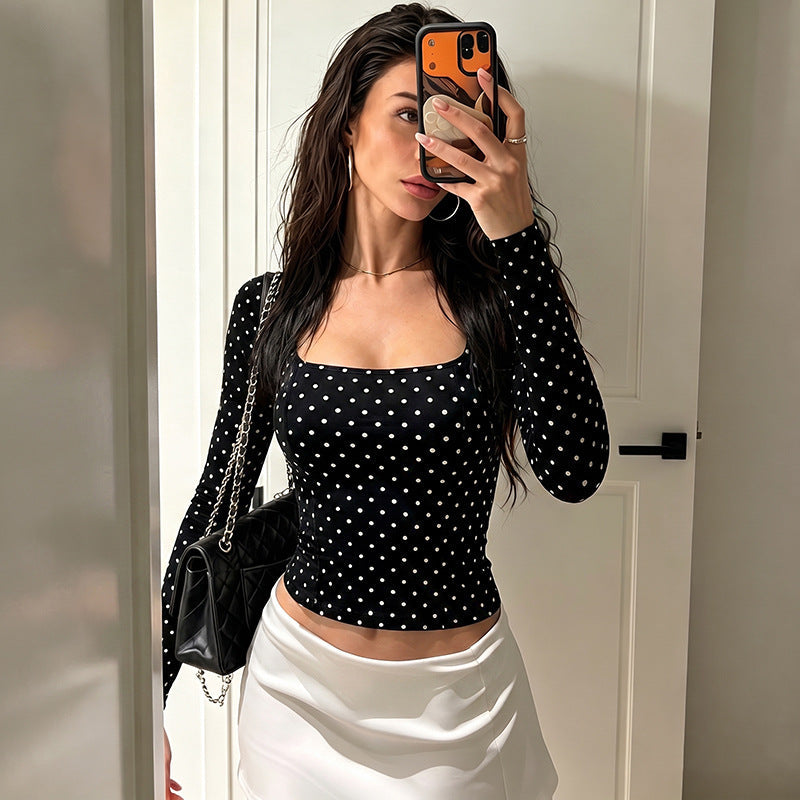 Polka-dot Square-neckline Waist-defined Long-sleeve Top For Women