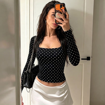 Polka-dot Square-neckline Waist-defined Long-sleeve Top For Women