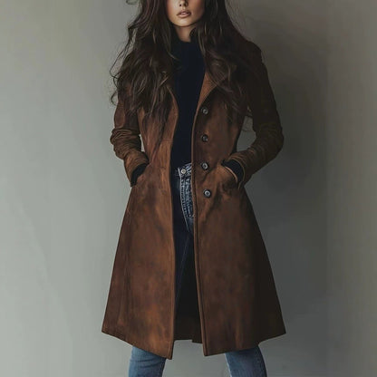 High Quality European American Style Women's Fall Winter Lapel Suede Mid-Length Trench Coat
