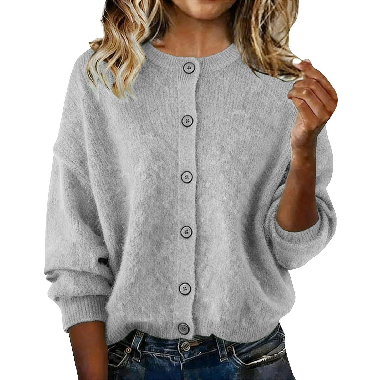 2025 European And American Cross-Border Autumn And Winter Women's Knitted Round Neck Long-Sleeved Pure Color Casual Fashion Knitted Cardigan