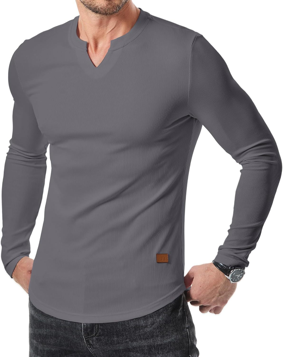 Cross-border Amazon New Foreign Trade Autumn And Winter Men's V-neck Pit T-shirt Solid Color Casual Fashion Men's Long Sleeve