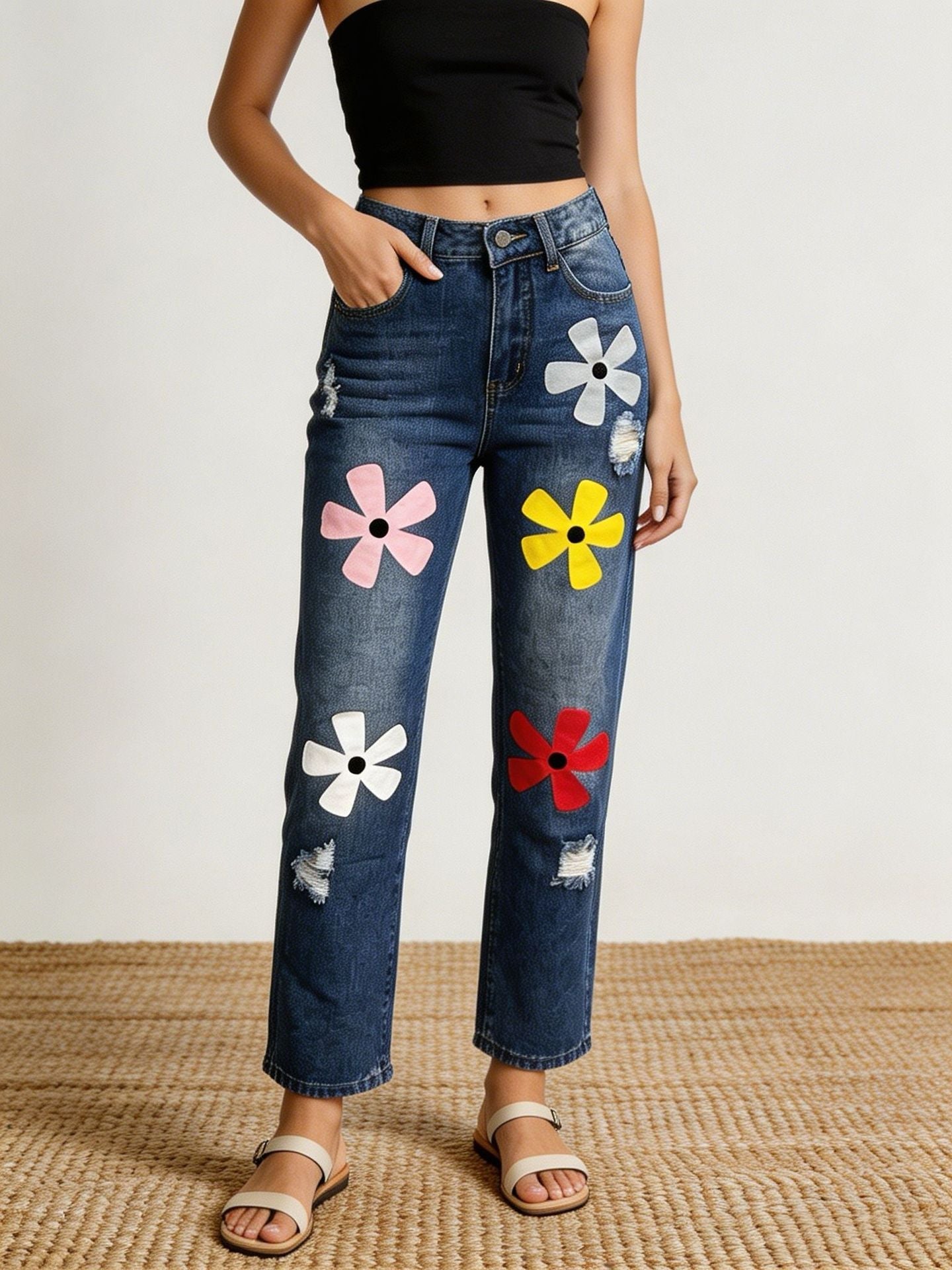 Fashionable And Versatile Womens Denim Jeans With A Dopamine Print
