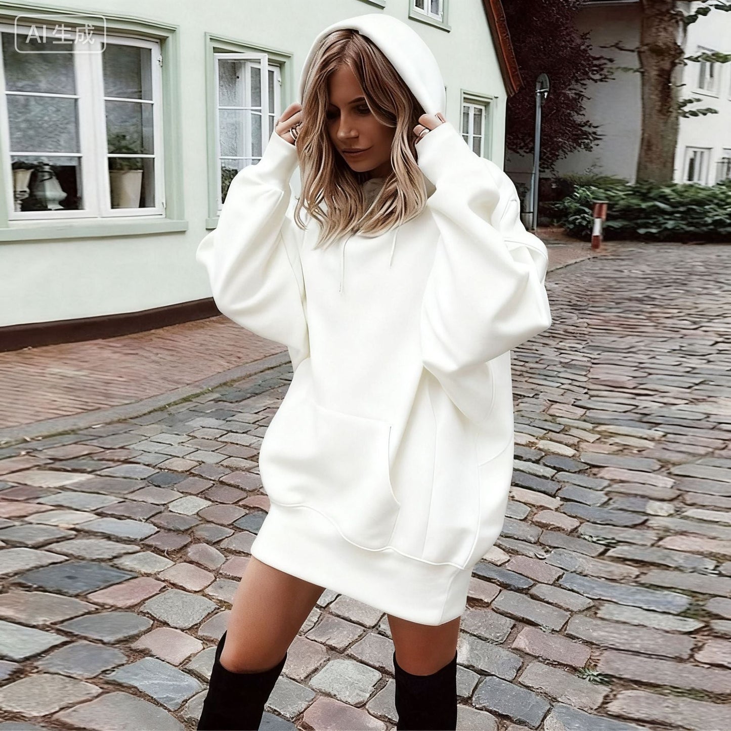Women's Solid Color Pullover Hooded Loose Fleece Sweater