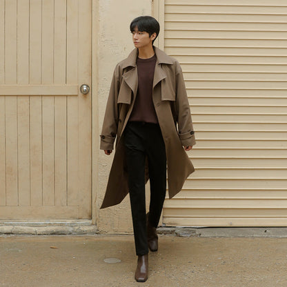 Double Breasted Trench Coat Men Mid Length Loose