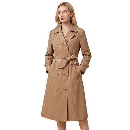 Casual Waist-cinching Long-length Elegant Womens Double-breasted Coat